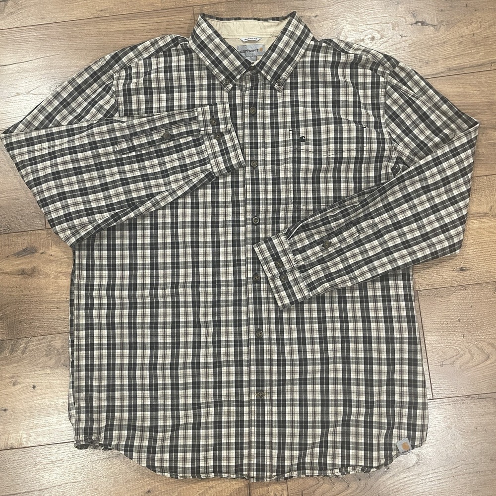 Carhartt Plaid Long Sleeve Button Down Shirt Tan Black Maroon Men's Sz XL